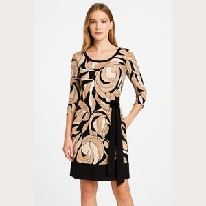 Women's New York & Company Long Sleeve Dress M Beige Black Swirl